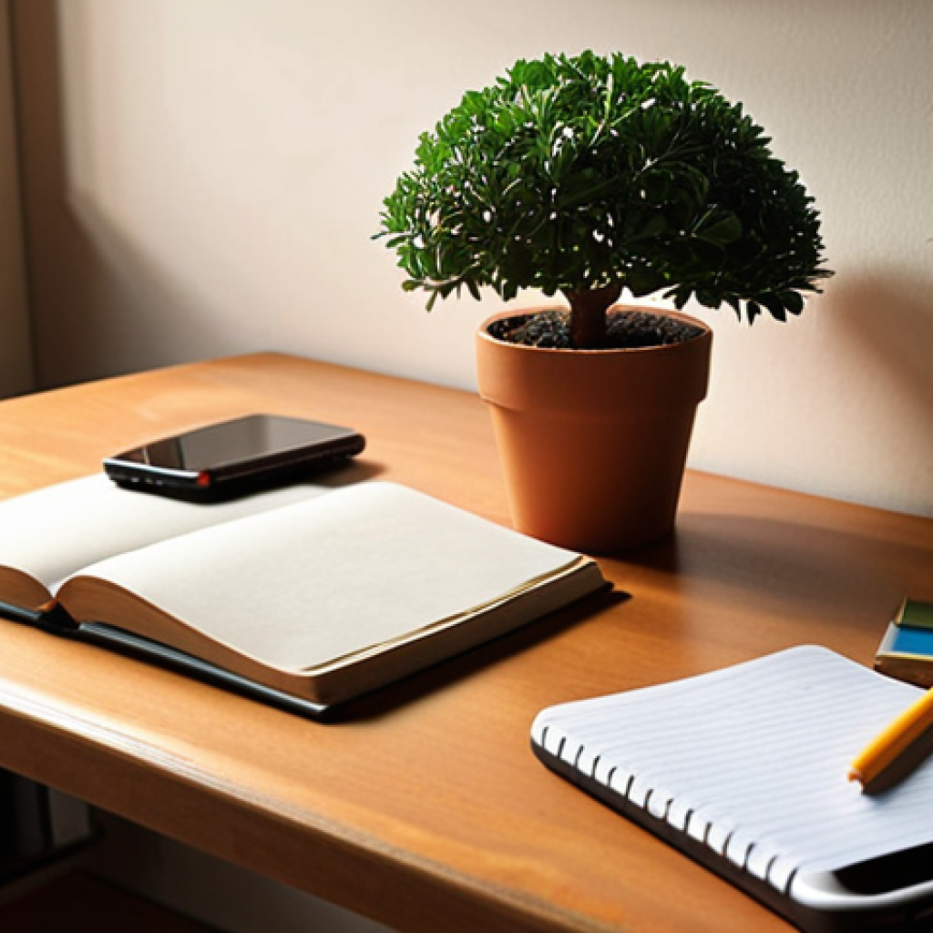 ** A student's desk with books and notes. A smartphone is face down, slightly out of reach. A small potted tree (like from the Forest app) is on the desk, symbolizing focus. The lighting is warm and inviting.

**
