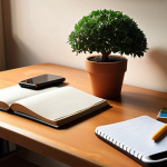 ** A student's desk with books and notes. A smartphone is face down, slightly out of reach. A small potted tree (like from the Forest app) is on the desk, symbolizing focus. The lighting is warm and inviting.

**