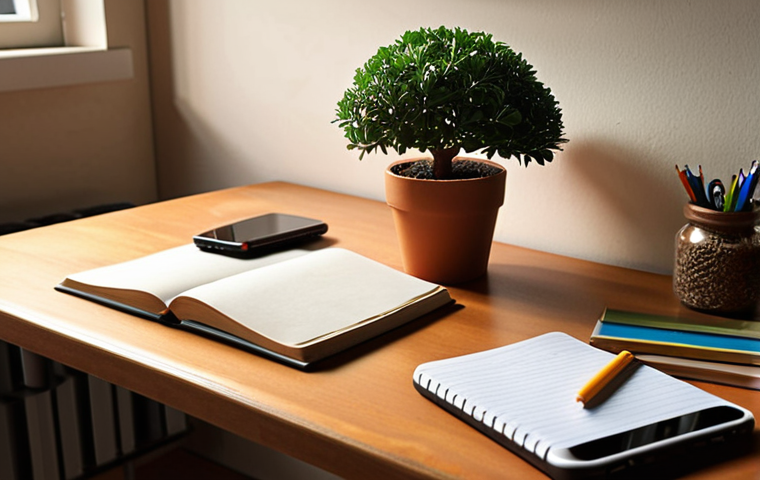 ** A student's desk with books and notes. A smartphone is face down, slightly out of reach. A small potted tree (like from the Forest app) is on the desk, symbolizing focus. The lighting is warm and inviting.
**